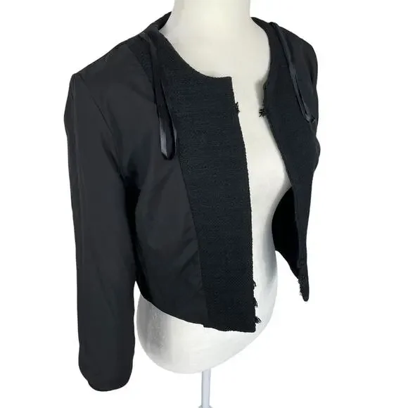 Karl Lagerfeld Paris Tweed Cropped Blazer Jacket Fringe Black Size Small Chic - Picture 8 of 15